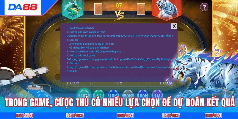 Trong game, cược thủ có nhiều lựa chọn để dự đoán kết quả 
